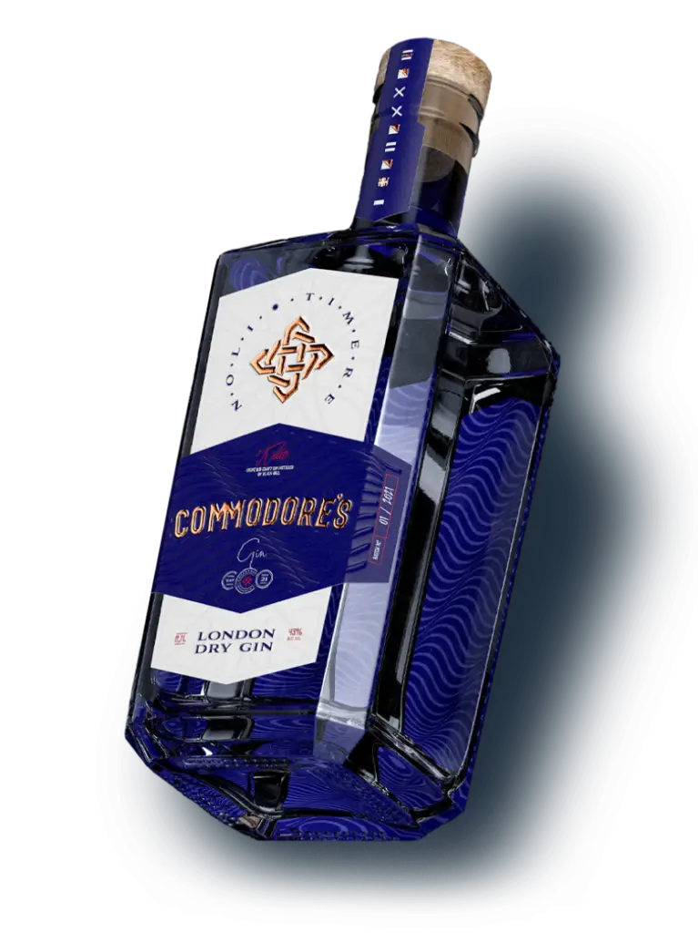 Commodore's London Dry Gin boca 47% vol s heksagonalnim dizajnom i plavom etiketom sa zlatnim akcentima